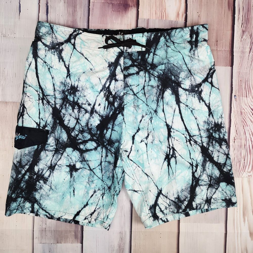 SurfGear Board Shorts Mens XXL 38x10 Blue Abstract Performance Fish Cargo Pocket